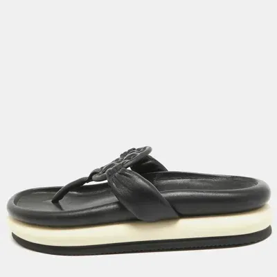 Pre-owned Tory Burch Black Leather Thong Flats Size 38