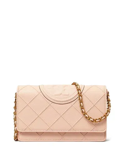 Tory Burch Fleming Soft Caviar Leather Wallet On A Chain In Light Pink