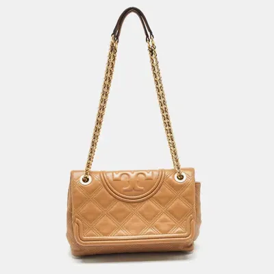 Pre-owned Tory Burch Brown Quilted Leather Fleming Shoulder Bag In Beige