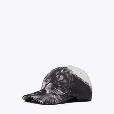 Tory Burch Cat Printed Baseball Cap In Gray Cat Portrait Small