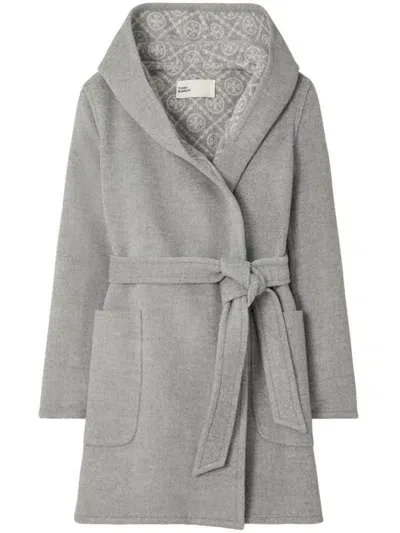 Tory Burch Midi Wool Coat With Monogram In Grey