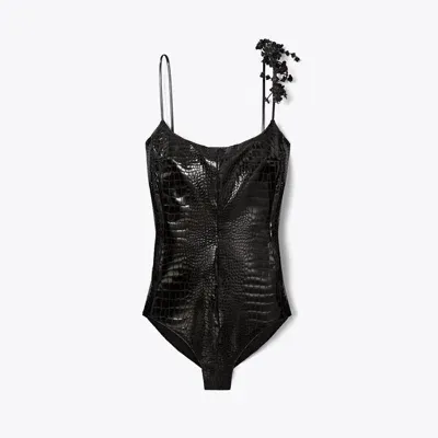 Tory Burch Faux Croc Bodysuit In Black