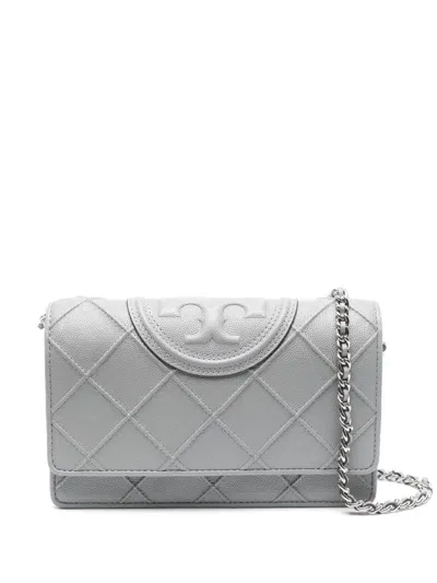 Tory Burch Fleming Leather Wallet On Chain In Grey