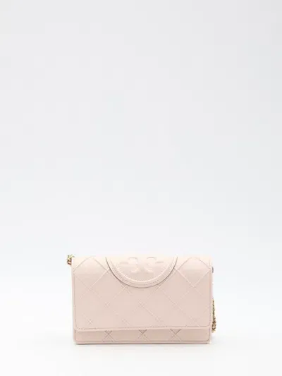 Tory Burch Fleming Soft Grained Chain Wallet In Beige