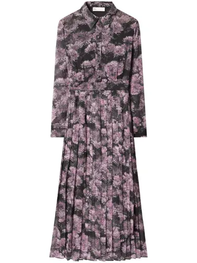 Tory Burch Floral-print Pleated Silk Dress In Purple