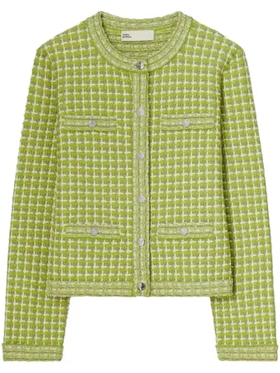 Tory Burch Jacquard Crewneck Jacket In Green