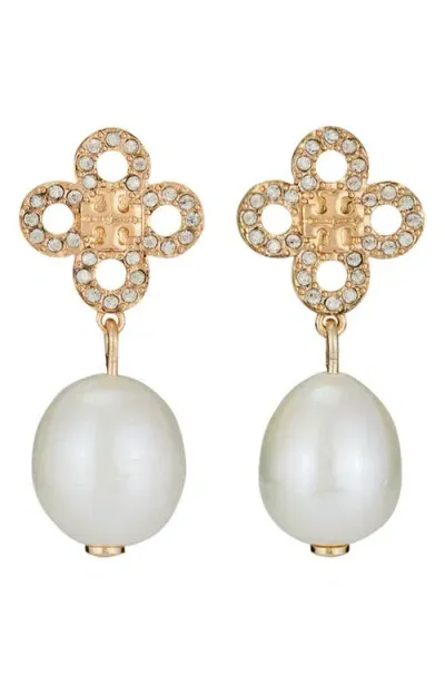 Tory Burch Kira Clover Cultured Pearl Drop Earrings In Tory Gold/pearl/crystal