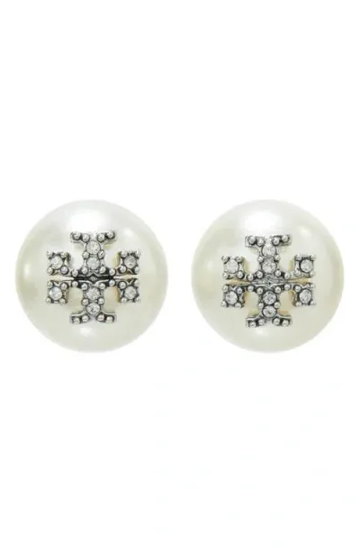 Tory Burch Kira Stacked-t Logo Faux Pearl Stud Earrings In Tory Silver/pearl/crystal