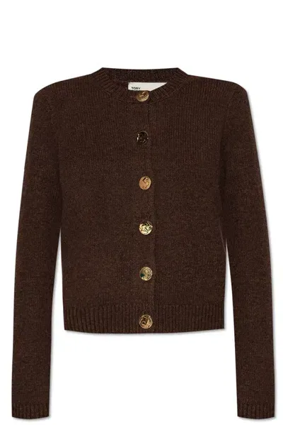 Tory Burch Lgo Button Knitted Cardigan In Brown