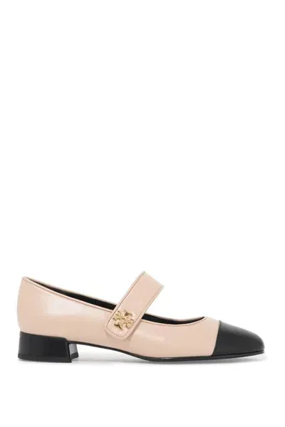 Tory Burch Capto Pink And Black Mary Janes With Logo Detail And Contrasting Toe In Leather Woman In Rose