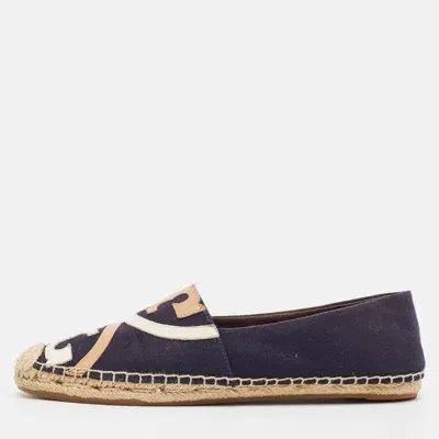 Pre-owned Tory Burch Navy Blue Canvas Poppy Espadrille Flats Size 40