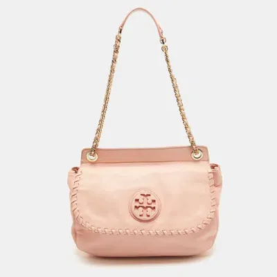 Pre-owned Tory Burch Peach Leather Marion Shoulder Bag In Pink