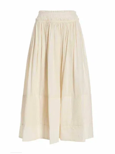 Tory Burch Ruched Linen-blend Midi Skirt In 白色的