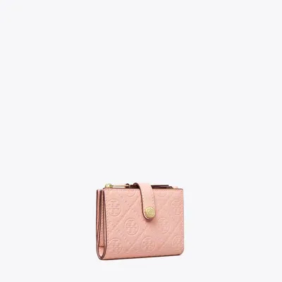 Tory Burch T Monogram Debossed Bi-fold Wallet In Pink Sea