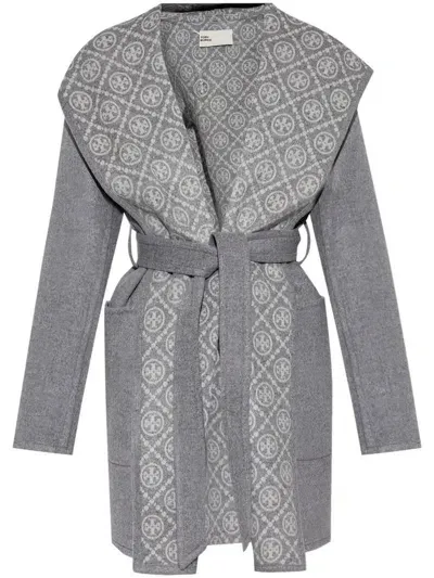 Tory Burch Wool Hooded Coat In Grey