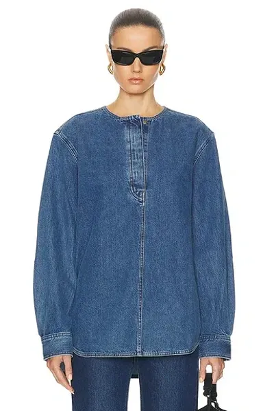 Totême Collarless Denim Shirt In Vibrant Blue