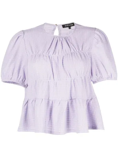 Tout A Coup Peplum-hem Short Puff-sleeve Blouse In Purple