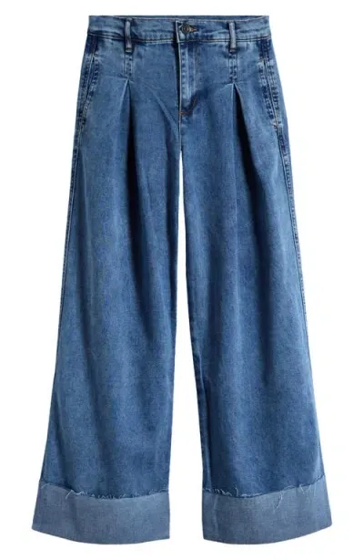 Tractr Kids' Pleated Cuffed Wide Leg Jeans In Indigo