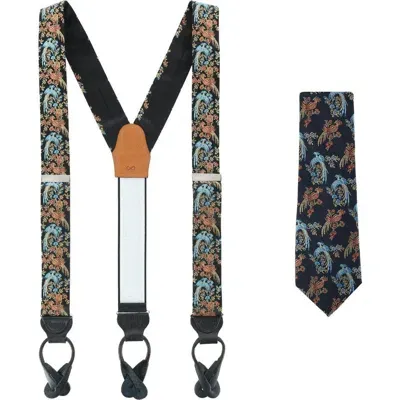 Trafalgar Birds Of Prosperity Silk Button End Suspenders (braces) And Necktie Set In Multi