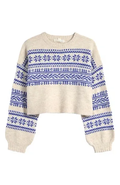 Treasure & Bond Kids' Fair Isle Boxy Crewneck Sweater In Beige Heather- Blue Fairisle