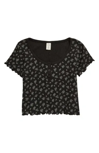 Treasure & Bond Kids' Floral Waffle Knit Cotton Henley In Black Raven Micro Ditsy