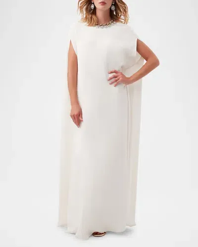 Trina Turk Masquerade 2 Jewel-embellished Cape Gown In Winter White