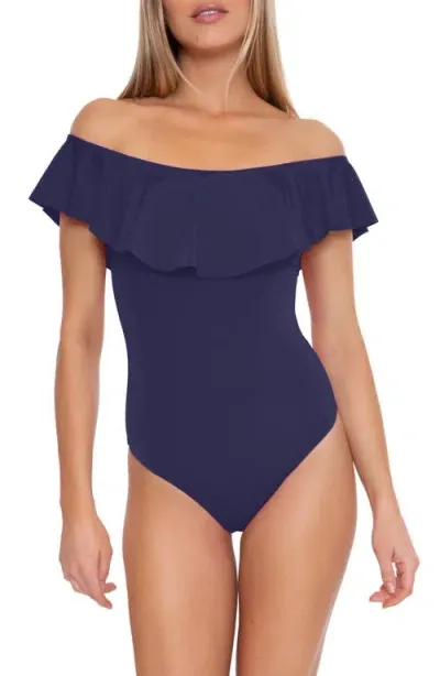 Trina Turk Monaco Off The Shoulder Ruffle One-piece Swimsuit In Navy