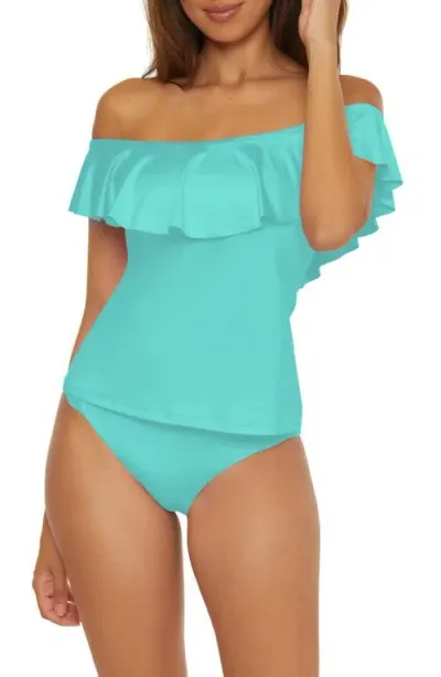 Trina Turk Monaco Ruffle Off-the-shoulder Tankini Top In Sky