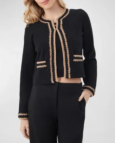 Trina Turk Sinai Crochet-trim Crewneck Cardigan In Black/camel