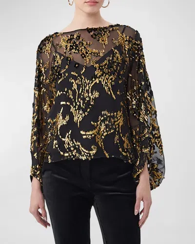 Trina Turk Ursa High-neck Metallic Swirl Top In Black