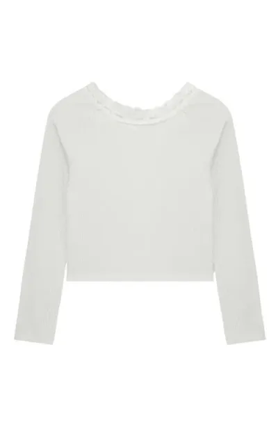 Truce Kids' Lace Neck Long Sleeve Rib Top In Off-white