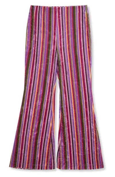 Truce Kids' Stripe Velour Flare Leg Pants In Purple Stripe