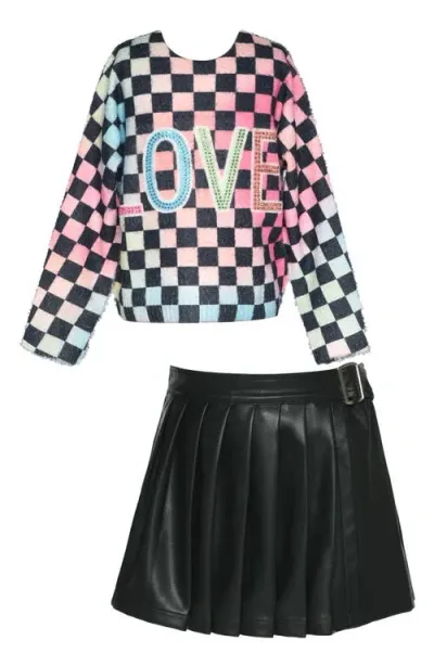 Truly Me Kids' Checkerboard Print Sweater & Faux Leather Skort Set In Black