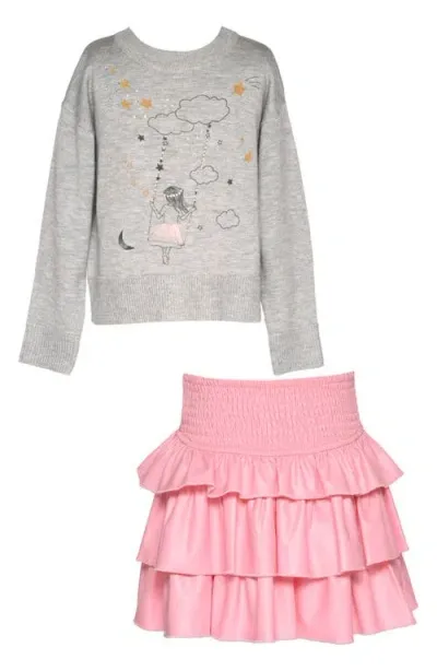 Truly Me Kids' Swing Graphic Sweater & Ruffle Skirt Set In Grey