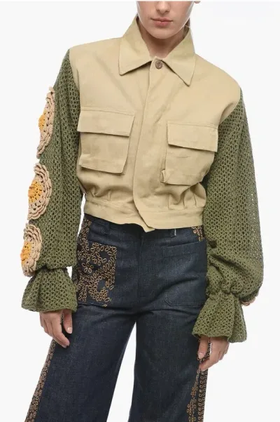 Tu Lizé Bomber Fit Denim Jacket With Crochet Sleeves In Green