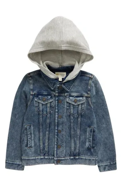 Tucker + Tate Kids' Knit Denim Jacket With Removable Hood In Mid Blue Wash