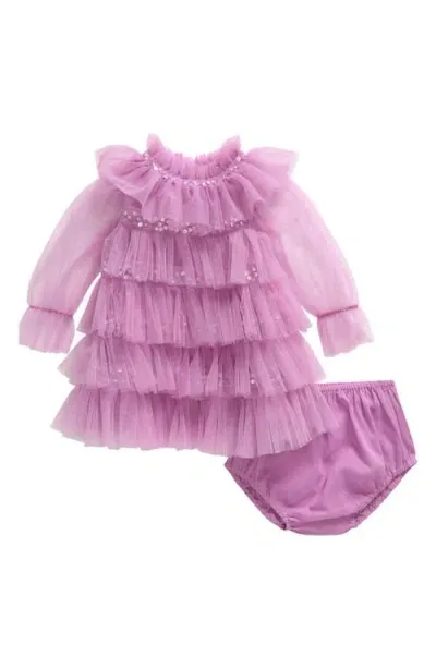 Tutu Du Monde Babies'  Bebe Luminous Sequin Long Sleeve Tiered Tulle Party Dress & Bloomers In Mulberry