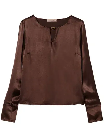 Twinset Appliqué-logo Satin Blouse In Brown