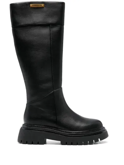 Twinset Logo Plate High Boots In Black