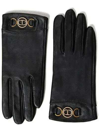 Twinset Logo-plaque Leather Gloves In Black