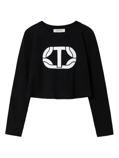 Twinset Kids' Logo-print Cropped T-shirt In 黑色