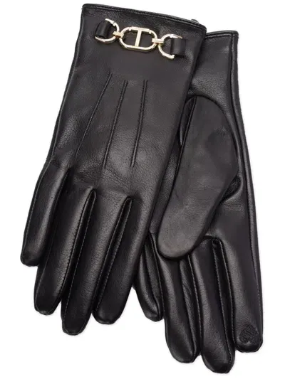 Twinset Oval T Leather Gloves In Black