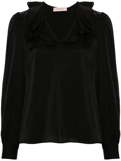 Twinset Ruffle Satin Blouse In Schwarz