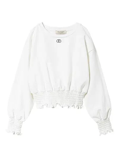 Twinset Kids' Smocked Crew-neck Sweatshirt In White