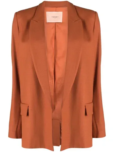 Twinset Peak-lapel Open-front Blazer In Brown