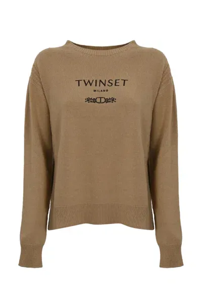 Twinset Wool Blend Logo Sweater In Camel