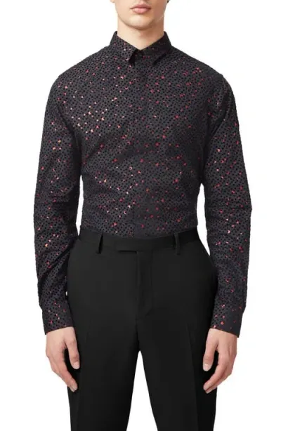 Twisted Tailor Sagrada Metallic Foil Flocked Dot Slim Fit Cotton Button-up Shirt In Black Red