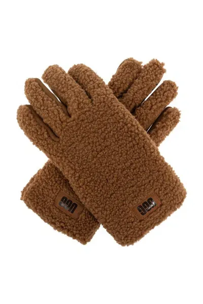 Ugg Fluff Logo Patch Gloves In Brown