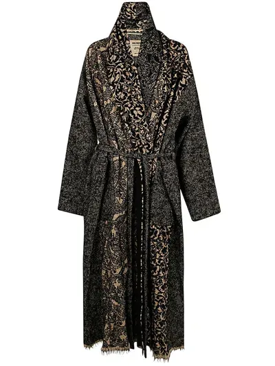 Uma Wang Floral Printed Fringed Hem Coat In Black