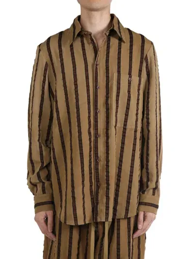 Uma Wang Striped Tab Shirt In Uw026 Tan/brown